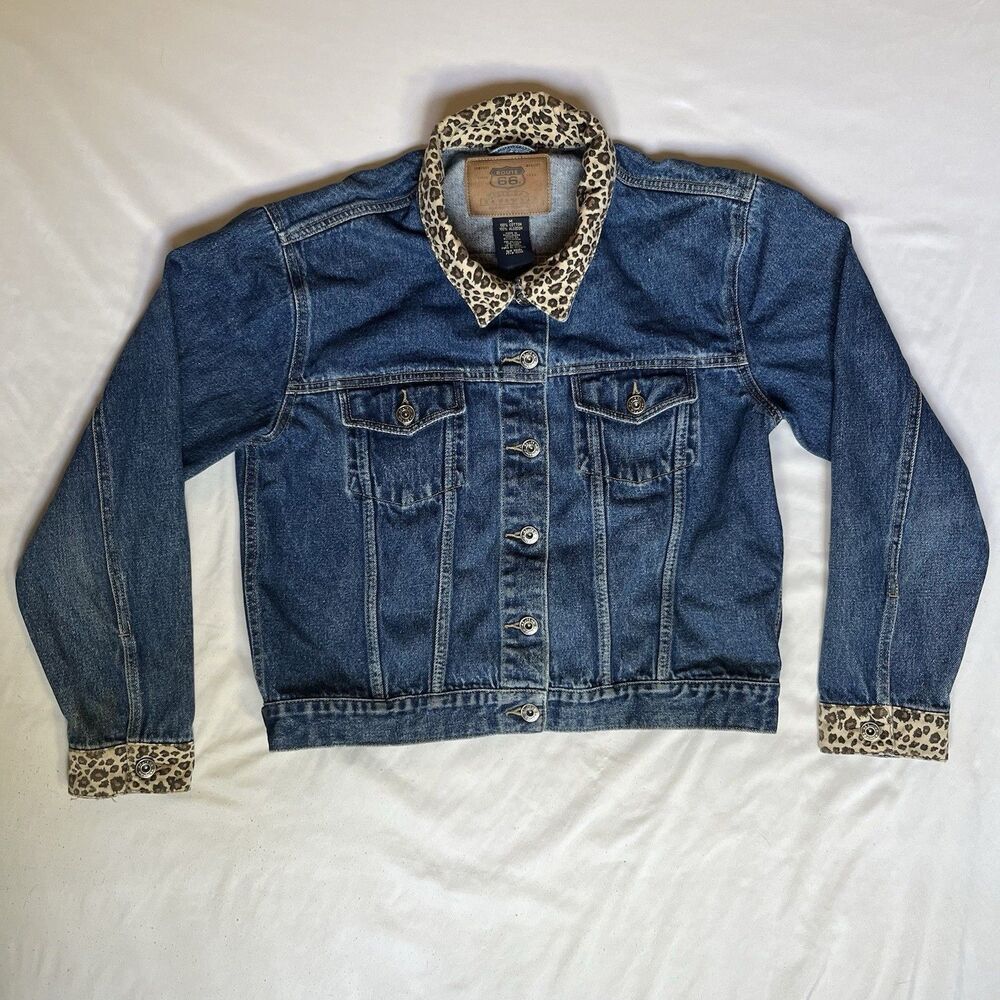 Route 66 Y2K Denim Jacket M Medium Leopard Print Collar & Cuffs Button Front